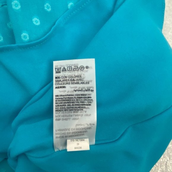 Chico's Blouse Womens Size 1 Medium 8 Blue Clip Dot Peplum‎ Flutter Sleeve Top - Picture 11 of 12